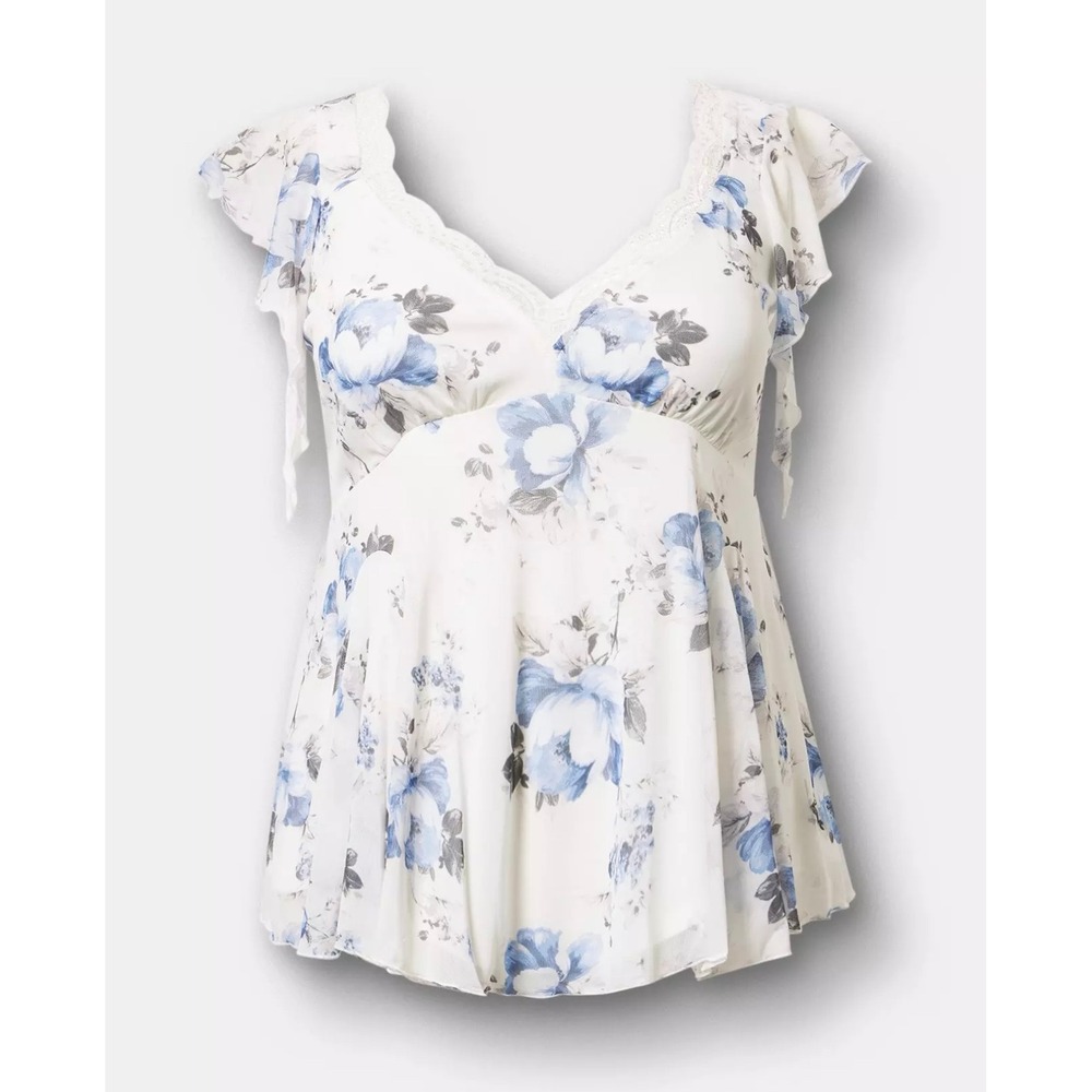 Torrid Stretch Mesh V-Neck Flutter Sleeve Top Womens 00 Blue Mozart Floral Lace